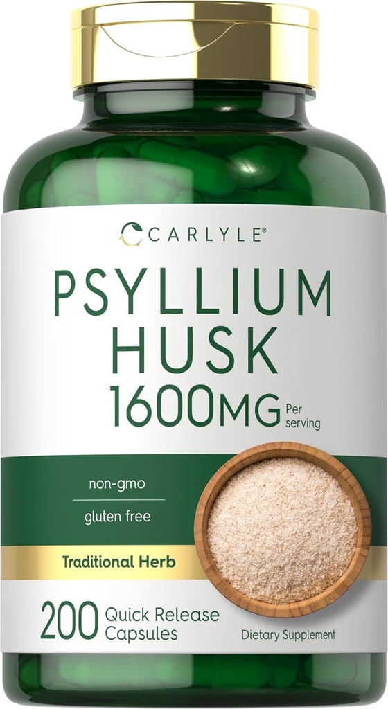 Carlyle Psyllium Husk Capsules 1600mg 124; 200 Count 124; High Potency Fiber Suplemen 126; Non-GMO, Gluten Free