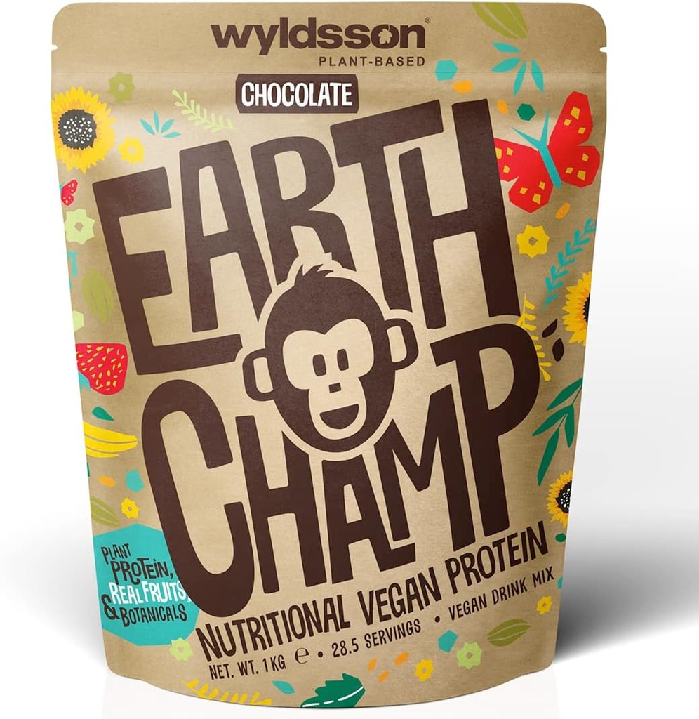 Vegan Protein Powders (1kg) - 28 Servings - EarthChamp by Wyldsson - Planta Based Chocolate Protein Powder Shake - Dairy Free - Lactose Free (Choc)