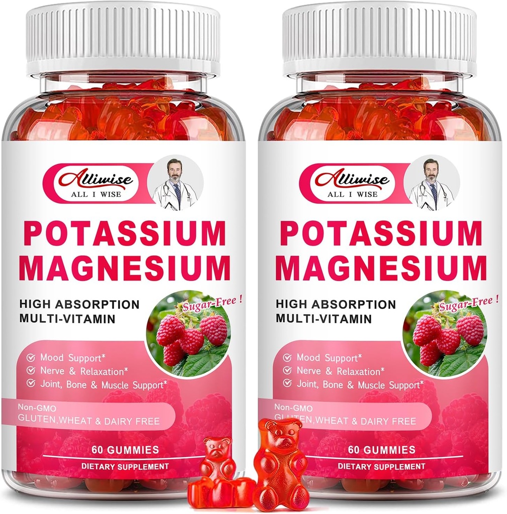 2 Pack de suplementos de magnesio de potasio - citrato de potasio e glicinato de magnesio para cangrexos de perna e músculo, humor e relaxación, apoio enerxético con vitamina B6, D3, C Raspberry Flavor