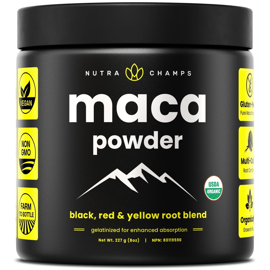 Organic Maca Powder - Peruvian Grown Maca Blend with Yellow, Black & Red Roots - Gelatinized for Superior Bioavailability - Natural, Vegan & Non-GMO, 8oz