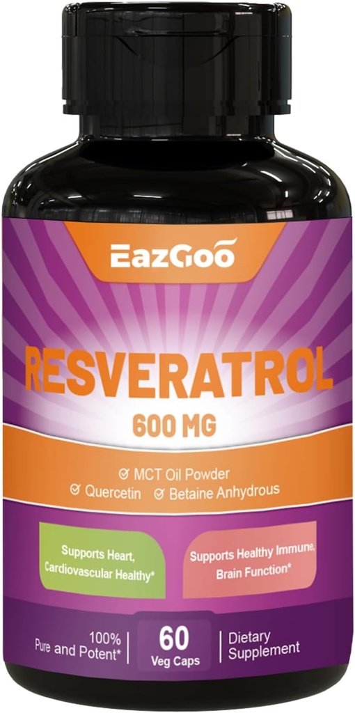 Resveratrol 600 mg, Trans- Resveratrol supplement, Antioxidant Health Aging Support, 60 kapsler