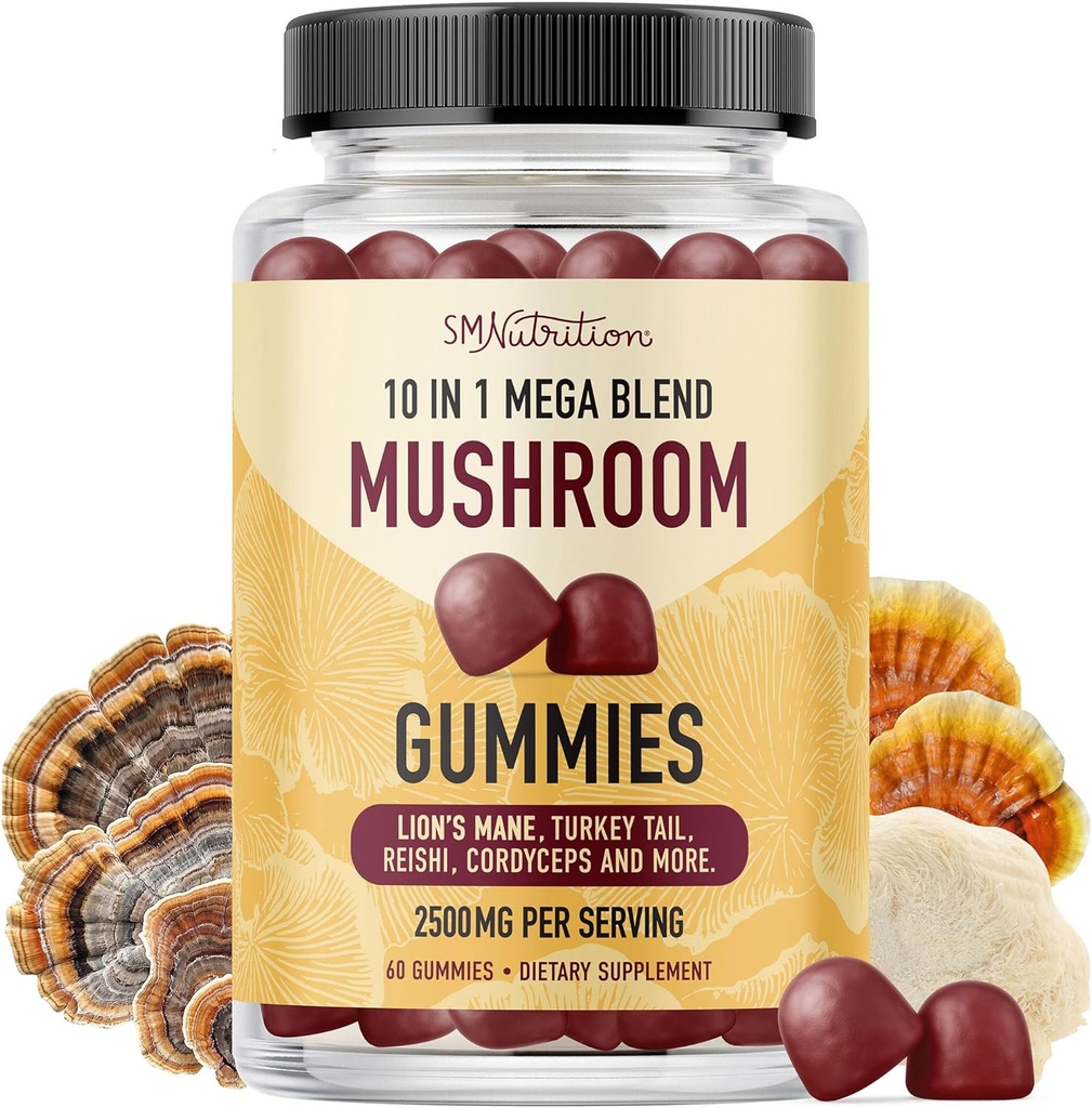 Mushroom Gummies for Adults , with Lions Mane, Turkey Tail, Reishi, Cordyceps, Chaga ' Maitake , Nootropic Mushroom supplement | Support Cognitive Function " Immune Health | Raspberry Flavor | 60ct