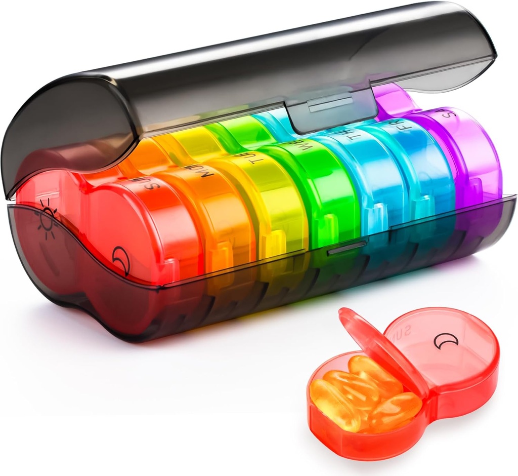 Yaklim Pill Organizer 2 Times a Day, Weekly Pill Box AM PM, Black Privacy Protection Daily Mell Organizer with Large BPA Free Pill Case for Holding Vitamins, Fish Oils, supplements (Rainbow)
