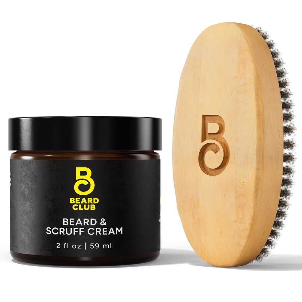 The Beard Club Original Beard Cream & Boar Bristle Beard Brush for Men - Moisturizing and Hydrating for Healthier Facial Hair & Skin - Birchwood Beard Brush for Styling & Taming