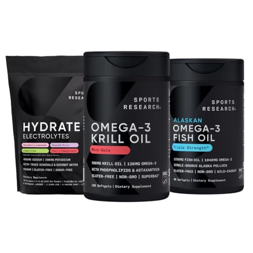 Sports Research® Antarctic Krill Oil Omega-3 Mini-Softgels 500mg with Phospholipids, Choline, Astaxanthin, Triple Strength Omega-3 Burpless Fish Oil 1250mg, Sugar Free Multi Flavor Hydrate Electrolyte