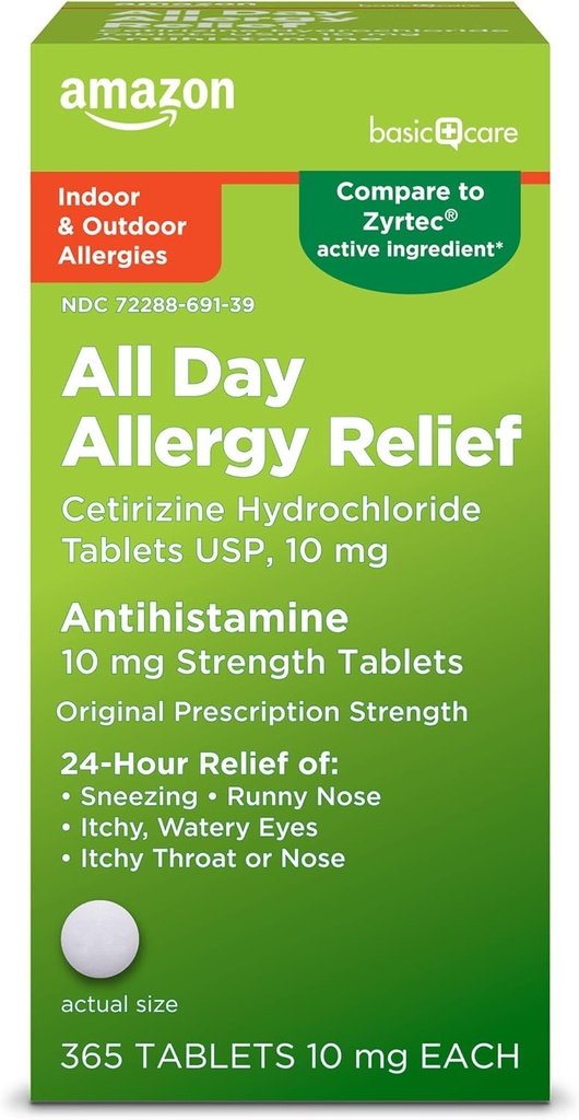 Basic Care All Day Allergy, Cetirizine Hydrochloride Tabletter, Antihistamin, 10 mg, 365 Count (pakke kan variere)