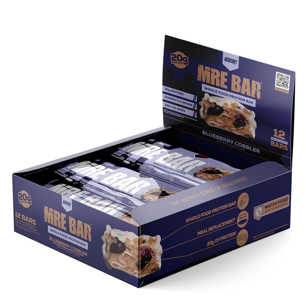 REDCON1 MRE Protein Bar, Blueberry Cobbler - Enthält MCT-Öl + 20g Ganzes Lebensmittelprotein - leicht nachweisbar, Macro Balanced Low Sugar Meal Ersatz Bar (12 Bars)