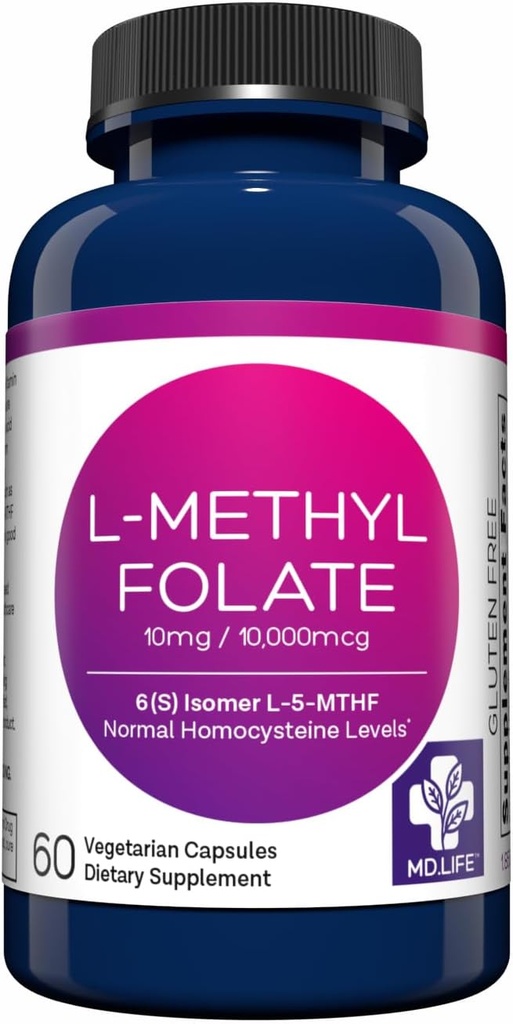 MD Life L-Methylfolate 10 mg Supplement - Professional-Grade Active L Methylfolate Supplement - 60 kapslar - L-Methylfolate 10mg - Maximal Potens MTHFR W / Essential Amino Acids