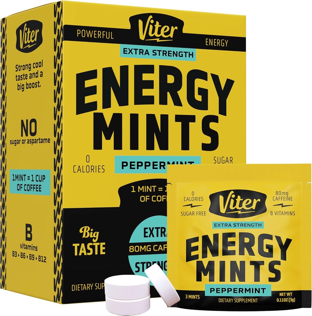 Viter Energy Kofeínové mäty 80mg Extra sila - 90 kusov kofeínu s vitamínmi B. Cukor bez vegánskej dychovej mincovne. Energizujte Nootropný Focus Booster pre rýchlu výstražnosť (Peppermint Flavor, 30 balenie)
