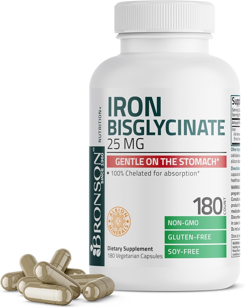 Bronson Iron Bisglycinat 25 mgloument a The Stomach, ajuda a l'Energia i la producció de la cel·la de cel·la No-Constitipant la fórmula - Ni GMO, 180 Vegetarian Capules