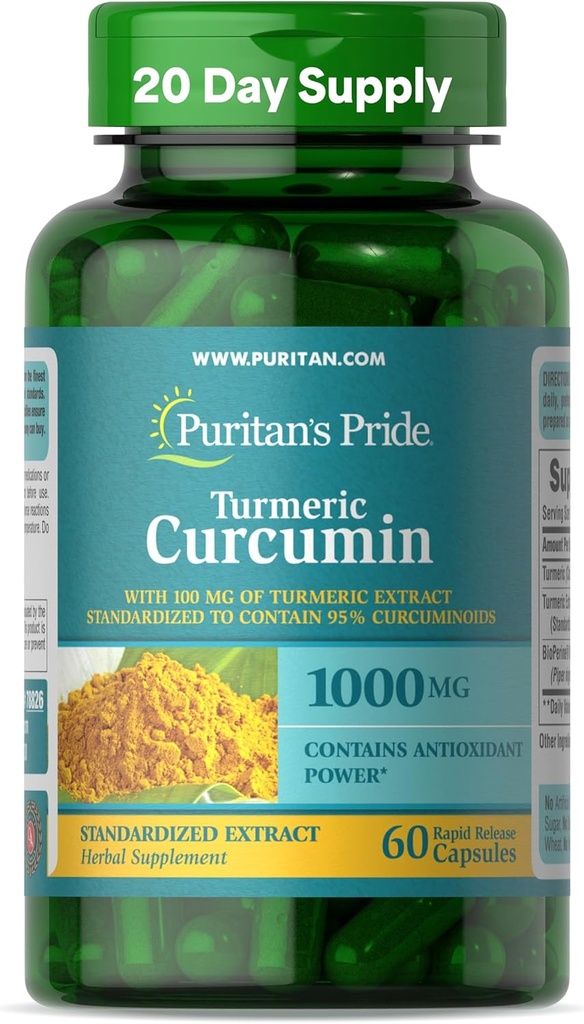 Puritan's Pride Turmeric Curcumin 1000mg, Standarized zu 95% Cucuminoids, pflanzliche Nahrungsergänzung für Antioxidans Gesundheit, 60 Radpid Release Capsules