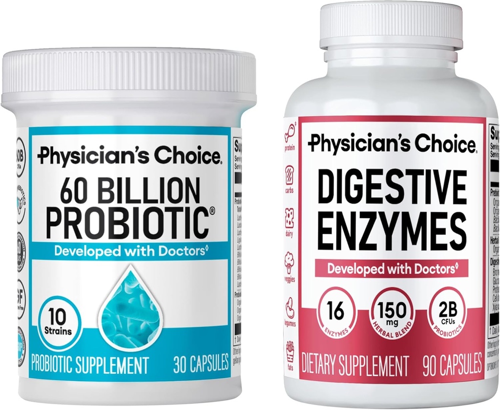 Médico CHOICE - Optimal Gut Health Bundle: 60 Billion Probiotics + Digestive Enzyme 90ct para o confort Digestive e apoio inmune