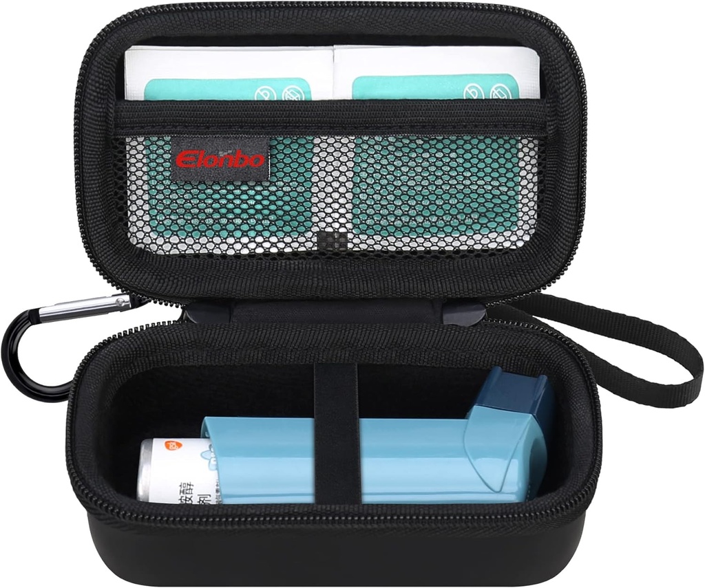Elonbo Asthma Inhaler Carrying Case, Travel Organize Holder Bag för Ventolin Inhaler, Extra Interior Mesh Pocket Fits Asthma Mediction, Black + Inside Black (CASE ONLY! Inhalatormedicin inte inkluderad)
