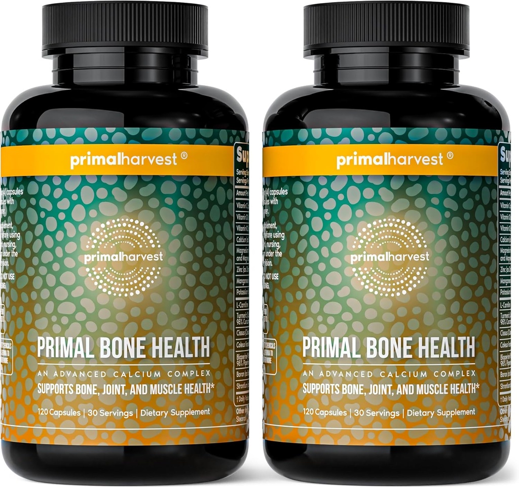 Primal Harvest 2 Pack, Primal Bone Health Calcium Carbonate Bone Osasun-Zenbakia Calcium, Magnesium, Zinka, Manganesoa, Potasioa eta L-Carnitine (240 kapsula) dituzten gizon eta emakumeentzako