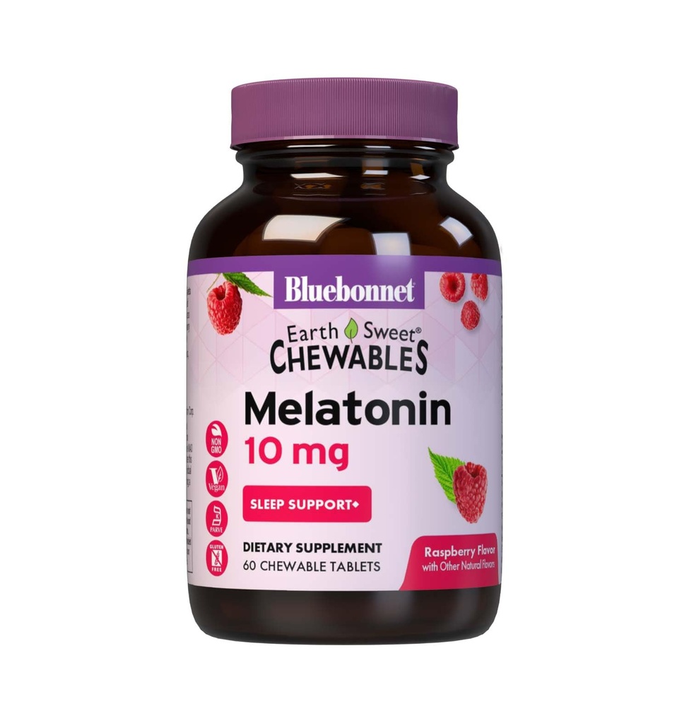 BlueBonnet Nutrition EarthSweet Melatonin 10 mg Fast-Acting Quick Dissolve Nighttime Relaxation & Restful Sleep Support - Sleep Aid - Gluten-Free, Vegan - Raspberry Flavor - 60 Chewable Tablets