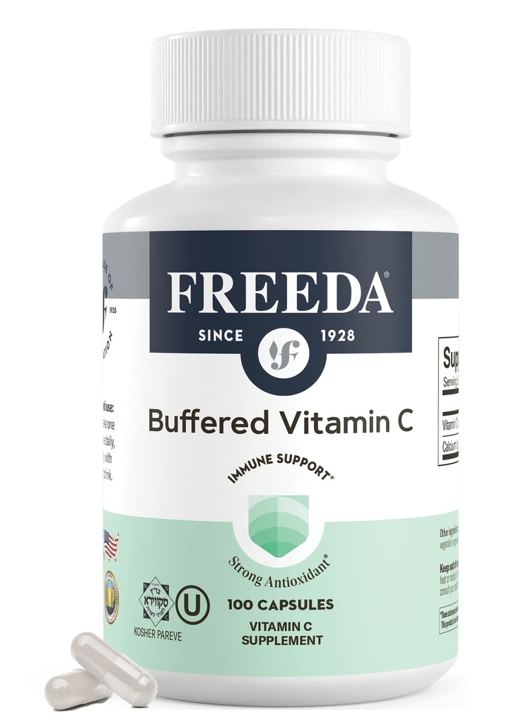 FREEDA Buffered Vitamin C 500mg – Non-Acidic Calcium Ascorbate – Immune Support & Antioxidant – Kosher, Gentle on Stomach – 100 Capsules