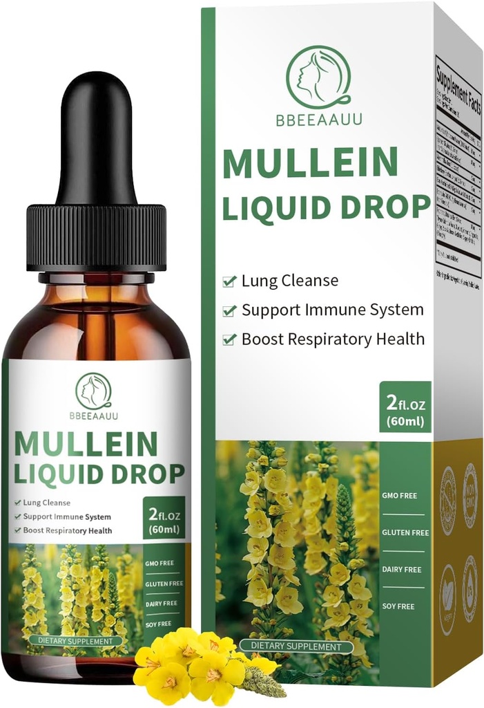 (2 pakuotė) Mullein Drops for Lungs, 16- in-1 Mullein Leaf Extract 800MG for Lung Cleanse, Kvėpavimo sistemos, Immunity, with Quercetin, Marshmlet, Black Cumin Seed, Elderberry, Non- GMO, 2 Fl Oz