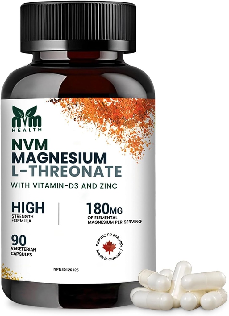 Magnesium l- threonat med D3- vitamin og zink til dvalestøtte, muskelfunktioner, elektrolytbalance og immunforsvar I Gluten Free, Non- GMO, 90 Vegetariske kapsler