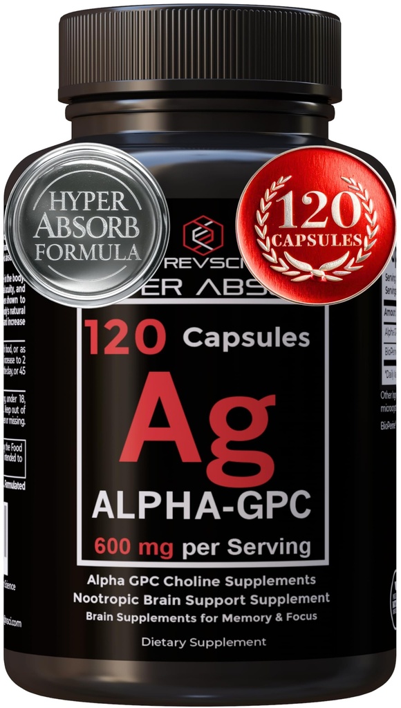 Alpha GPC Supplement & BioPerine for Hyper Absorption - 120 Count, Alpha-GPC 600mg per Serving - Nootropics for Memory, Focus, Energy, & Drive - Choline Supplements to Boost Acetylcholine, Made in USA