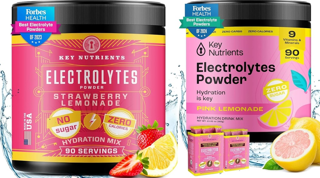 KEY NUTRIENTS Electrolytes " Multivitamin Hydration Powder Bundle — Juicy Strawberry Lemonade " Fresh Pink Lemonade Electrolyte Powders (90 Servings each) — Sugar-Free, Keto-Friendly, No Calories