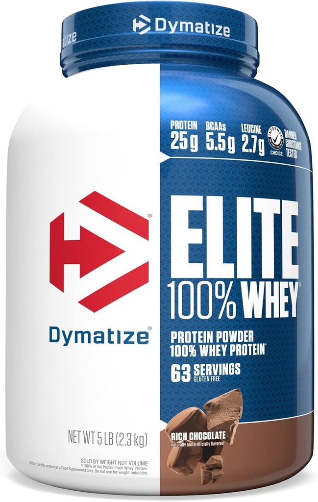 Dymatize Elite 100% Whey Protein Powder, 25g Protein, 5.5g BCAAs & 2.7 L-Leucin, Quick Absorbing & Fast Digesting für Optimale Muskel Erholung, Rich Chocolate, 5 Pfund (63 Servierungen)