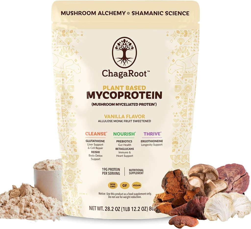 Mycoprotein Mushroom Protein Powder - Vegan Protein, Planta Basada, Superfood, Master Blend of Chaga, Reishi, Turquía Tail, Shiitake, Lions Mane - Vanilla (1.76 lb)