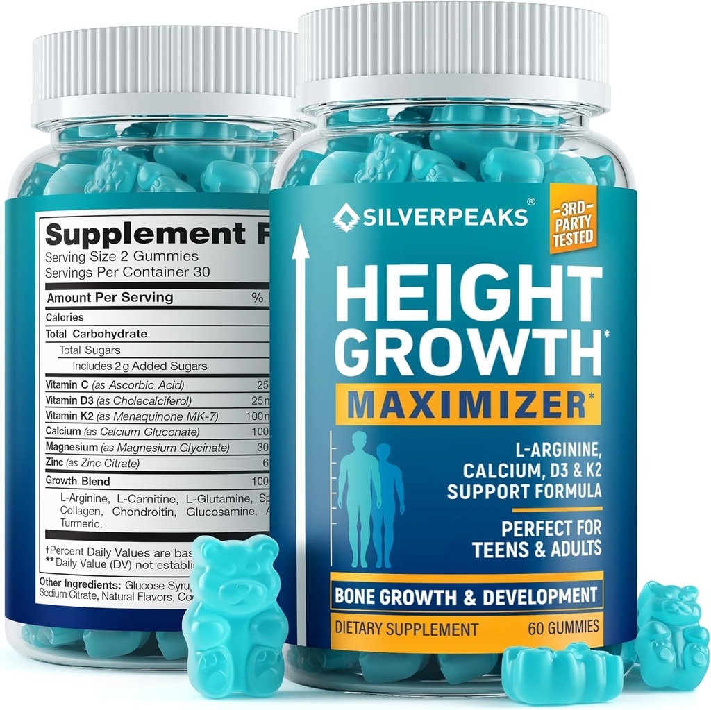 SILVERPEAKS Height Growth Gummies for Kids, Teens & Adults, Natural Growth Support Supplement with Calcium, Vitamine D3, K2, Magnesium, Zink & More, Natural Height Growth Maximizer Supplement, 60 PCS