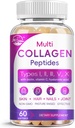 Multi Collagen Peptides Softgel - I mota, II, III, V, X - Hidrolized Collagen Peptides Biotin-ekin, C bitamina, Azido Hialuronikoa, Azaleko ilea Nail, Grass-Fed, Ez-GMO, 60 Softgel, 1 Pack