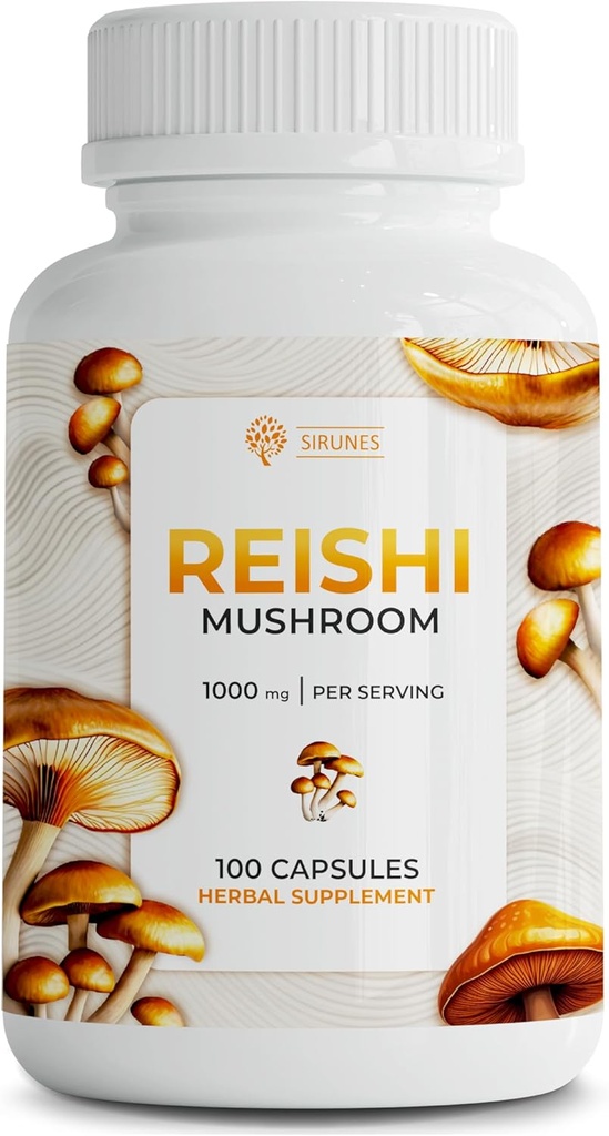 The SIRUNES Reishi Mshuol Capsules vuvulo 100-chish Reishi Mshrosh room suplementari per a Stres i Imgune Implementació de 1000mmg High-Strength Adaptogen Mfojoshlosh Hiples noGO i Natural