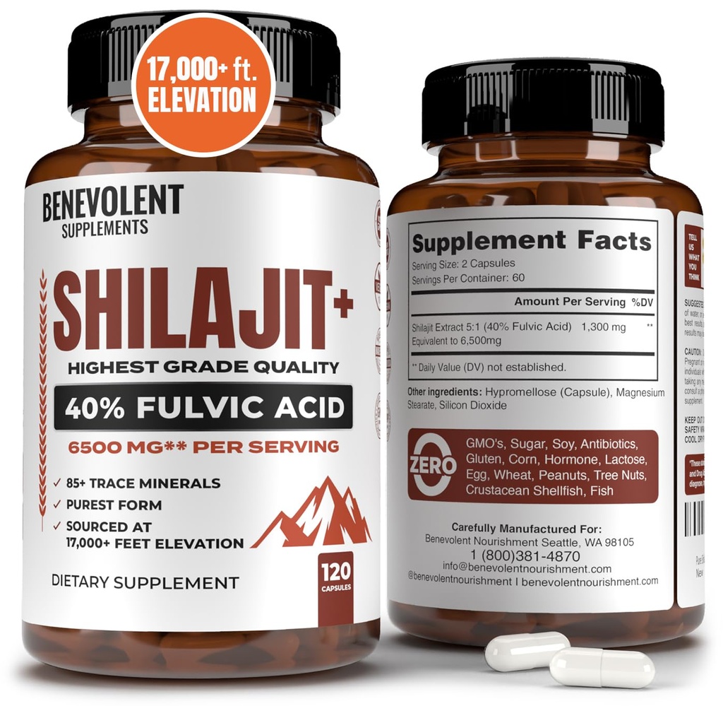 6,500mg Shilajit for Men with 40% Fulvic Acid (High Absorption) | Shilajit Mineral Supplement with 85+ Trace Minerals for Energy, Performance & Immune Health - 120 Capsules