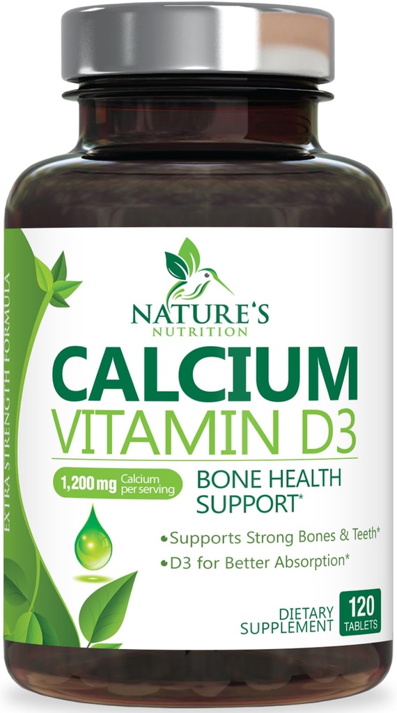 Calcium Supplement with Vitamin D3-1200 mg Calcium per Serving with D3 for Best Absorption - Supports Immune Health, Bones & Teeth - Nature's Calcium is Bottled in USA for Women & Men - 120 Tablets