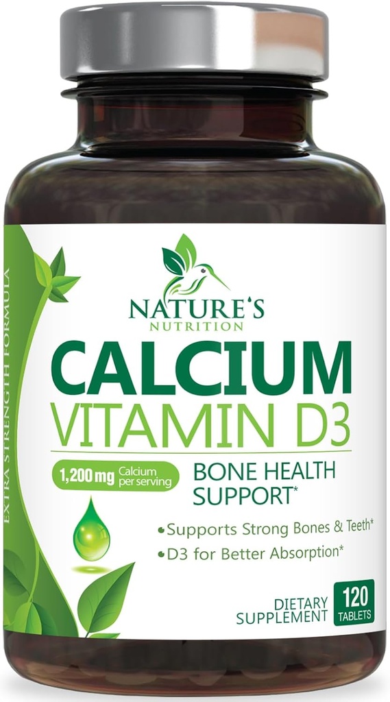 Suplemento de calcio 1200 mg - con vitamina D3 para mellor absorción - soporta saúde inmune, ósos e dentes - Carbonato de calcio da natureza + 1600 IU de D3 - envasado en Estados Unidos para mulleres e homes - 120 tabletas