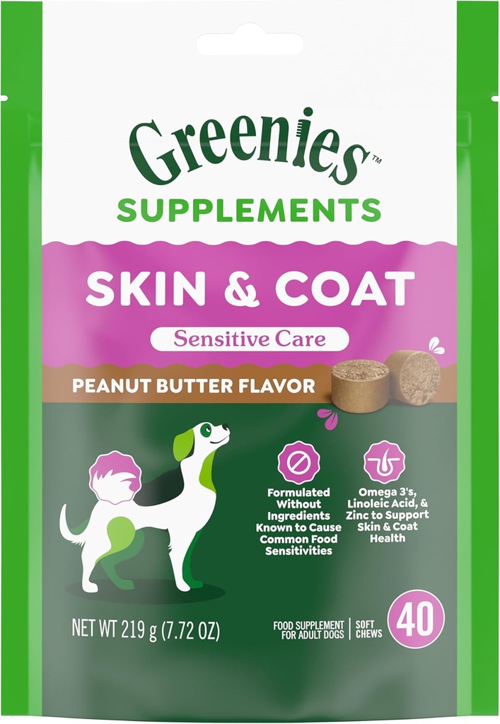 Greenies Sensitive Care Skin and Coat Papildinājums suņiem ar zivju eļļu suņiem Vistas bez Formula Suņu Papildinājums, Peanut Butter Flavor, 40-Count Soft Chews