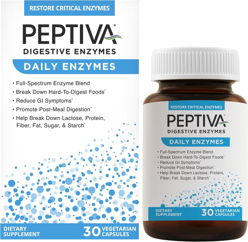 Peptiva Daily Digestive Enzymes, Full-Spectrum, Daily Digestive Health, Supports Break-Down of Foods & Post-Meal Digestion, 30ct
