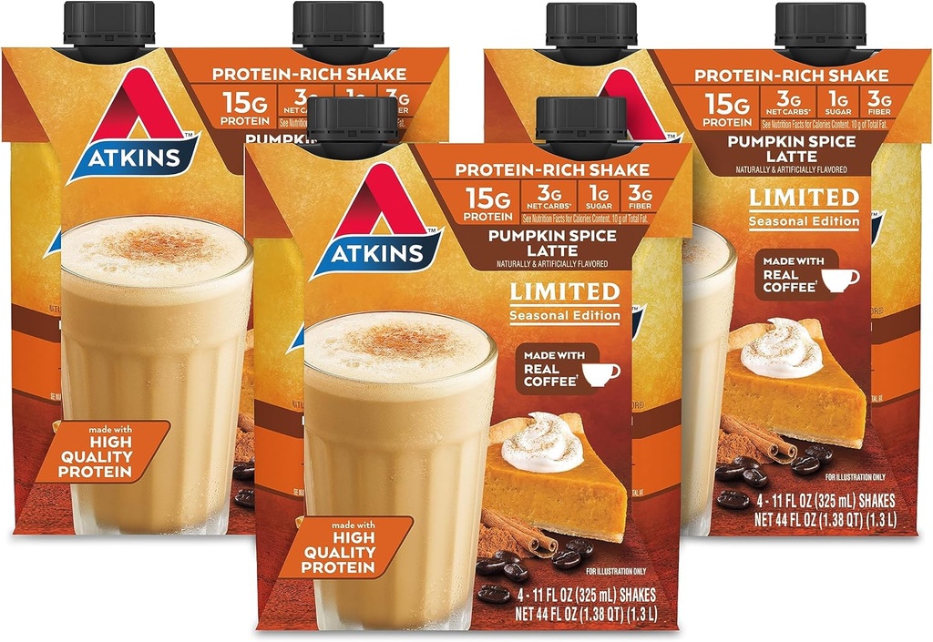 Atkins Pumpkin Spice Latte, 15g Protein, 3g Net Carbs, 1g Sugar, Low Glycemic, Keto Friendly, 12 Count