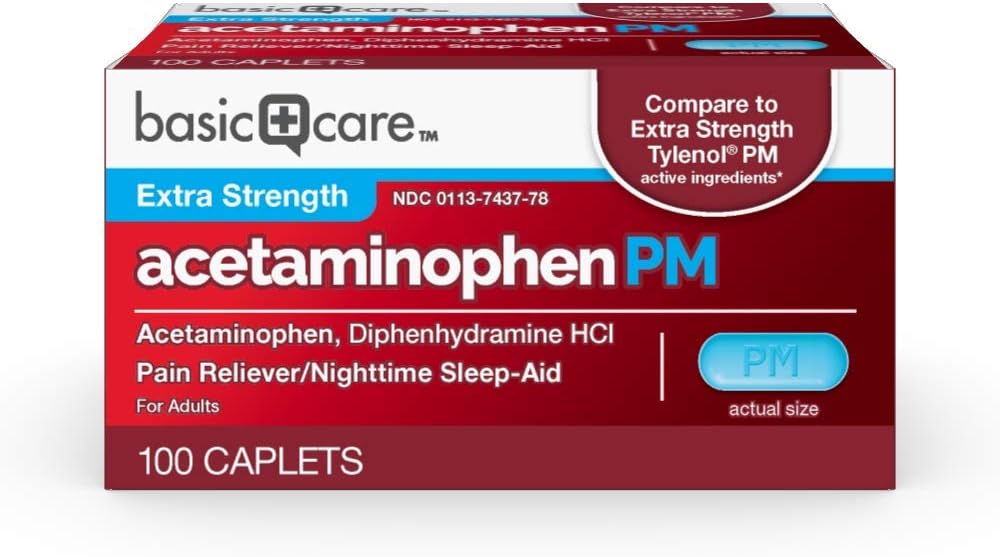 基本护理 Acetaminophen PM, 痛苦救世主+夜间睡眠援助 Caplet, 100 Counter
