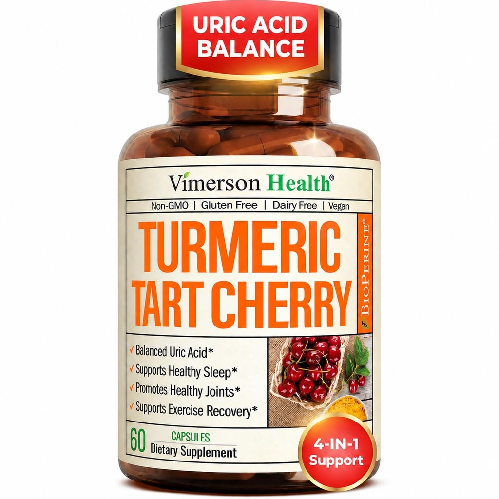 Tart Cherry Capsules – 4-in-1 Turmeric Tart Cherry Supplement for Uric Acid Balance & Joint Health – 10:1 Tart Cherry Extract Capsules with Celery Seed, Turmeric Curcumin & Black Pepper – 60 Count