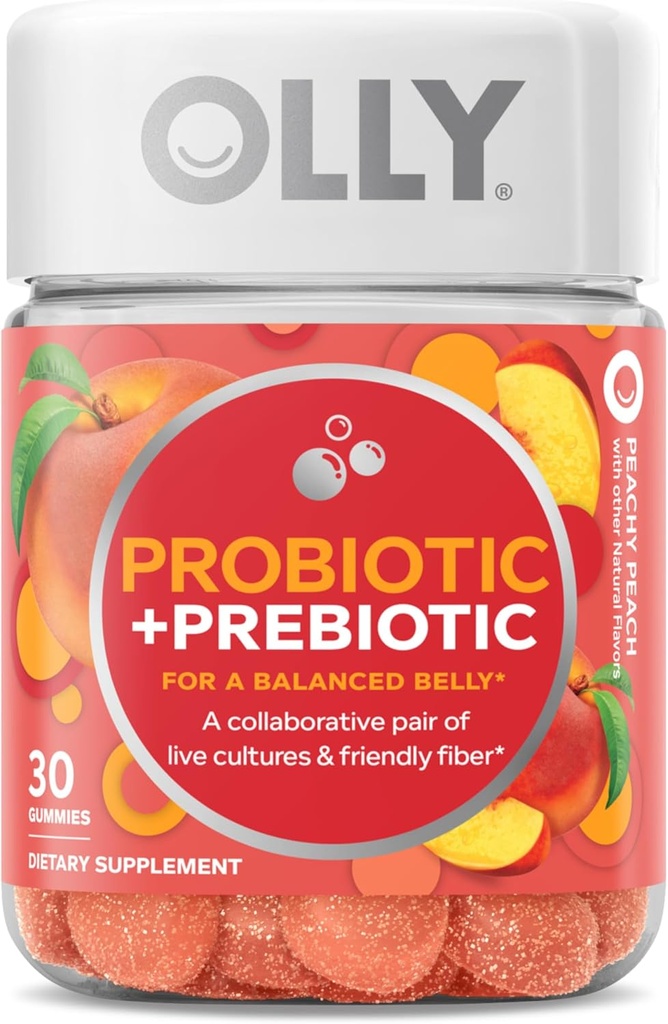 OLLY Probiotic + Gummy prébiotique, soutien digestif et santé gustative, 500 millions d'UFC, fibre, supplément à croquer pour les hommes et les femmes, pêche, 30 jours d'approvisionnement - 30 comtes