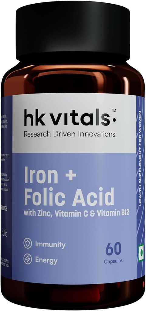 Research Driven Innovations Iron + Folic Acid con Zinc, vitamina C e vitamina B12 Suplemento (60 cápsulas) | Apoia o edificio do sangue | inmunidade e enerxía