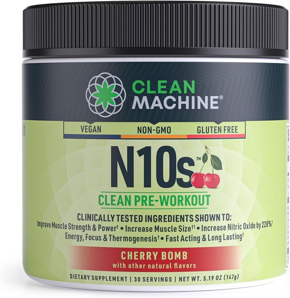 CLEAN MACHINE N10s polvere pre allenamento basata sulle piante - Vegan Energy Supplement con 3 ingredienti brevettati clinicamente testati per dimensione del muscolo, resistenza, pompa e resistenza - Non OGM, 30 Serve