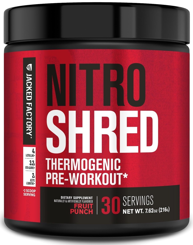 Jacked Factory NITROSURGE Shred Pre Workout Supplement - Energy Booster, Instant Strength Gains, Sharp Focus, Powerful Pumps - Nitric Oxide Booster & PreWorkout Powder - 30Sv, Fruit Punch