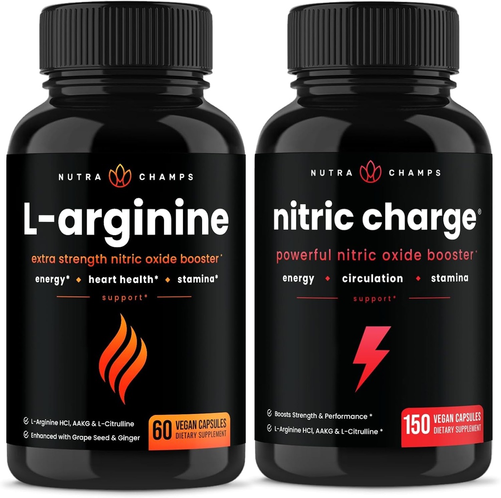 NutraChamps L-Arginine Capsules og Nitric Charge Capsules 2 Pack Bundle