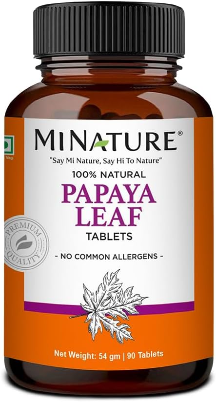 Papaya Leaf Tablets by mi Nature | 90 Tablets , 1000 mg 45 45 Days Supply| Vegan Papa Papaya Leaf|