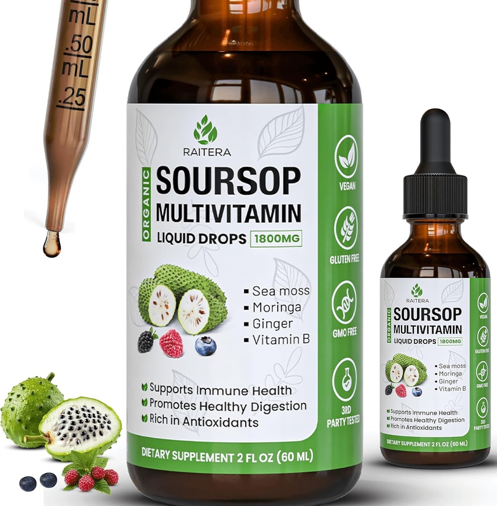 Soursop Graviola Multivitamin Liquid Drops 1800mg, Organic Soursop Bitters Liquid, Antioksid Sea Moss, Vitamin B6, C, D3, Pure Leaf özü, İmmunity Support, 98% Absoreksiya, Vegan, 2 fl oz
