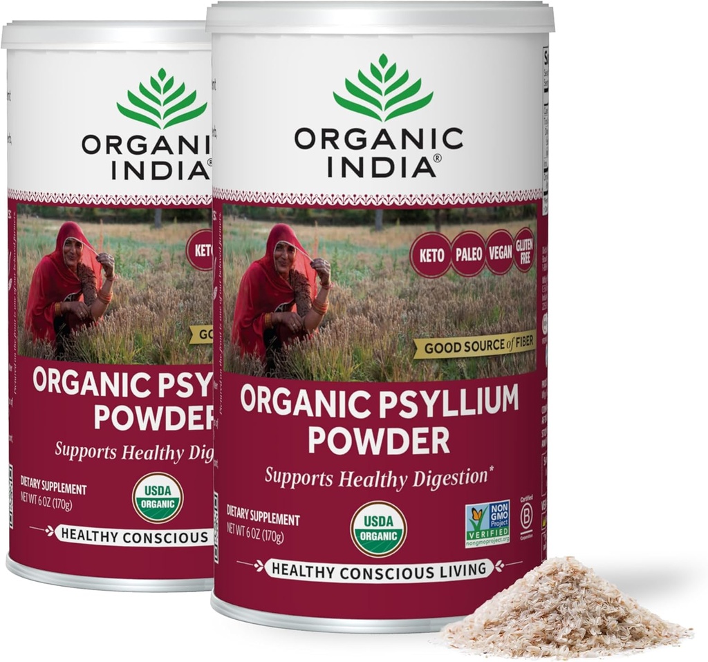 ORGANIC INDIA Psyllium Powder Organic - Fine Grain Psyllium supplement, Digestion Support, Vegan, Gluten-Free, Non-GMO, Source of Fiber - 6 oz (Pack of 2)
