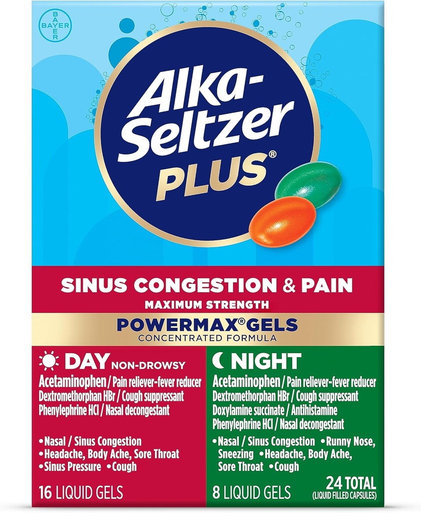 Alka-Seltzer Plus Maksimum Strength PowerMax Sinus Kongestion & Ağrı Tibbi, Day + Night Liquid Gels - Seks və Flu üçün güclü yardım, + Qadınlar və Uşaqlar üçün Sinus Kongestion 12+ İl, 24 Şərh