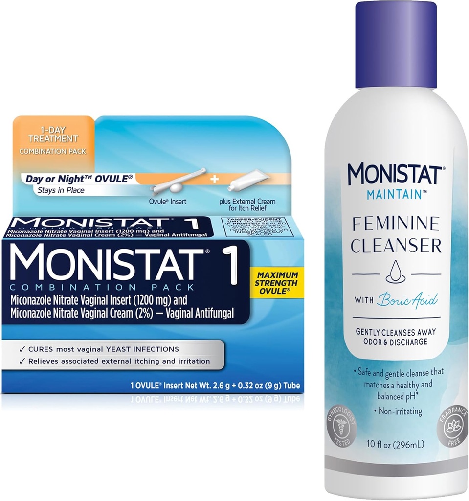 Monistat 1 Day Yeast Infection Treatment for Women, 1 Miconazole Ovule Insert & External Monistat Anti-Itch Cream Bundle + 10 fl oz Boric Acid Feminine Cleanser