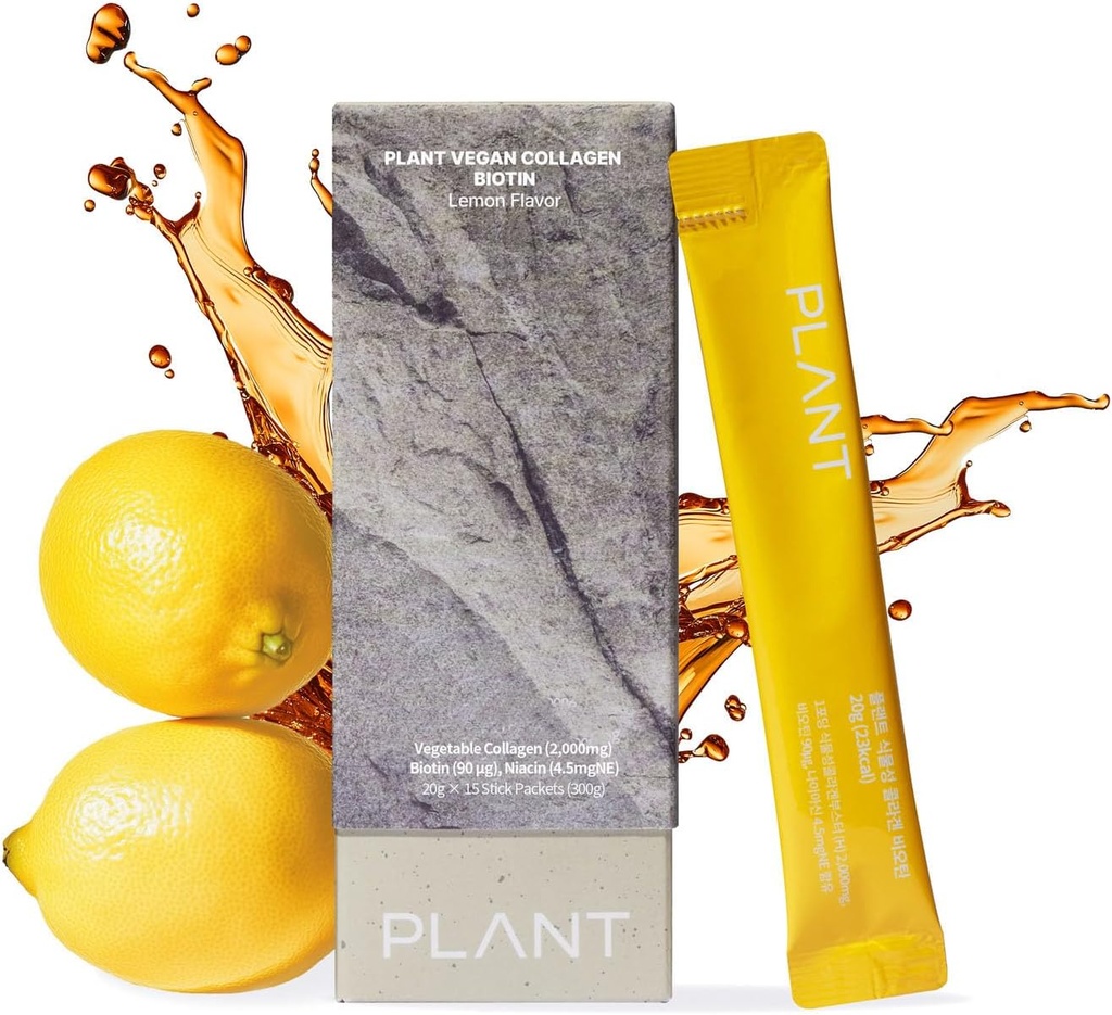PLANT Vegan Liquid Collagen, Biotin, Niacin | 2,000mg Hydrolyzed Collagen Peptides | Kosher & Halal Certified| Lemon Flavor| Skin, Hair & Nail Support| 363Da Ultra Low Molecular |15 Stick Packs