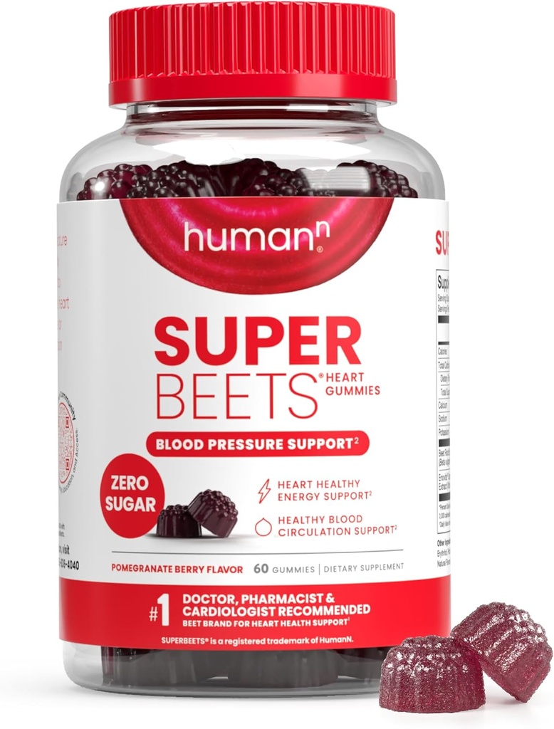 HumanN SuperBeets Heart Gummies - 에너지 지원, 포도 씨앗 추출물 & Beetroot 분말, 설탕 무료 - 석류 베리 맛, 60 개