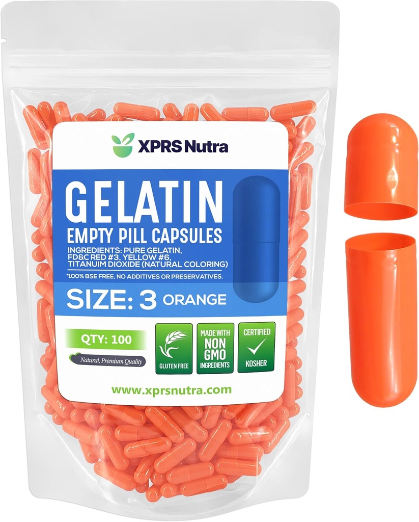 XPRS Nutra Boyutu 3 Boş Kapsüller - 100 Kont Boş Gelatin Capsules - Pills DIY Capsule - Pure Bovine Pill Gel Caps Do-It- Yourself Vitamins and Supplements (Orange)